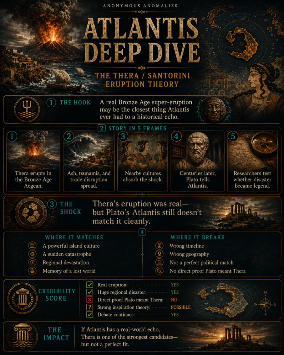 Atlantis deep dive infographic about the Thera-Santorini eruption theory and where it fits or breaks.