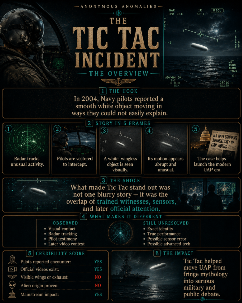 Tic Tac overview infographic about the 2004 Navy encounter, pilot observations, and radar tracking.