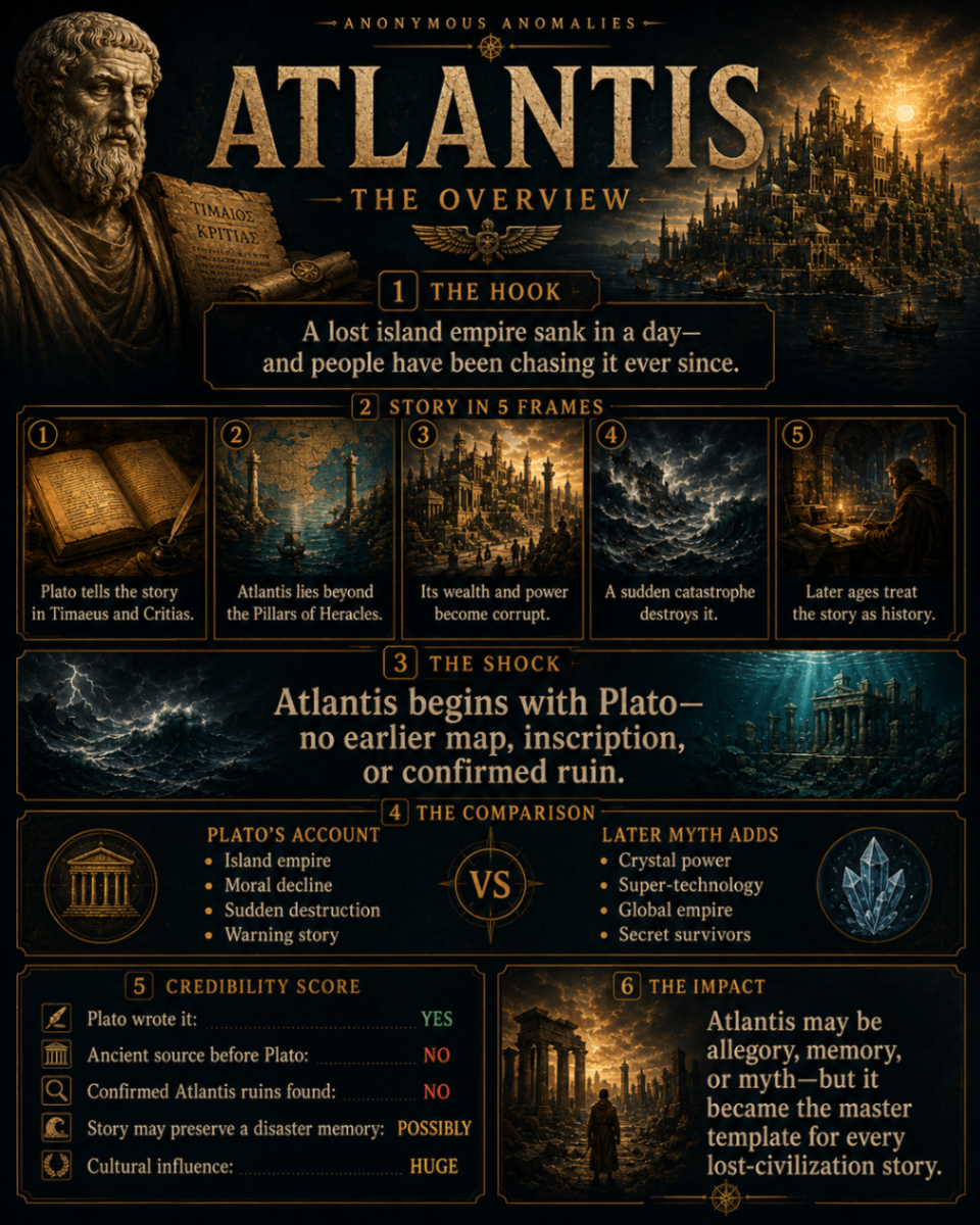 Atlantis overview infographic about Plato's island, the catastrophe story, and what later myth added.