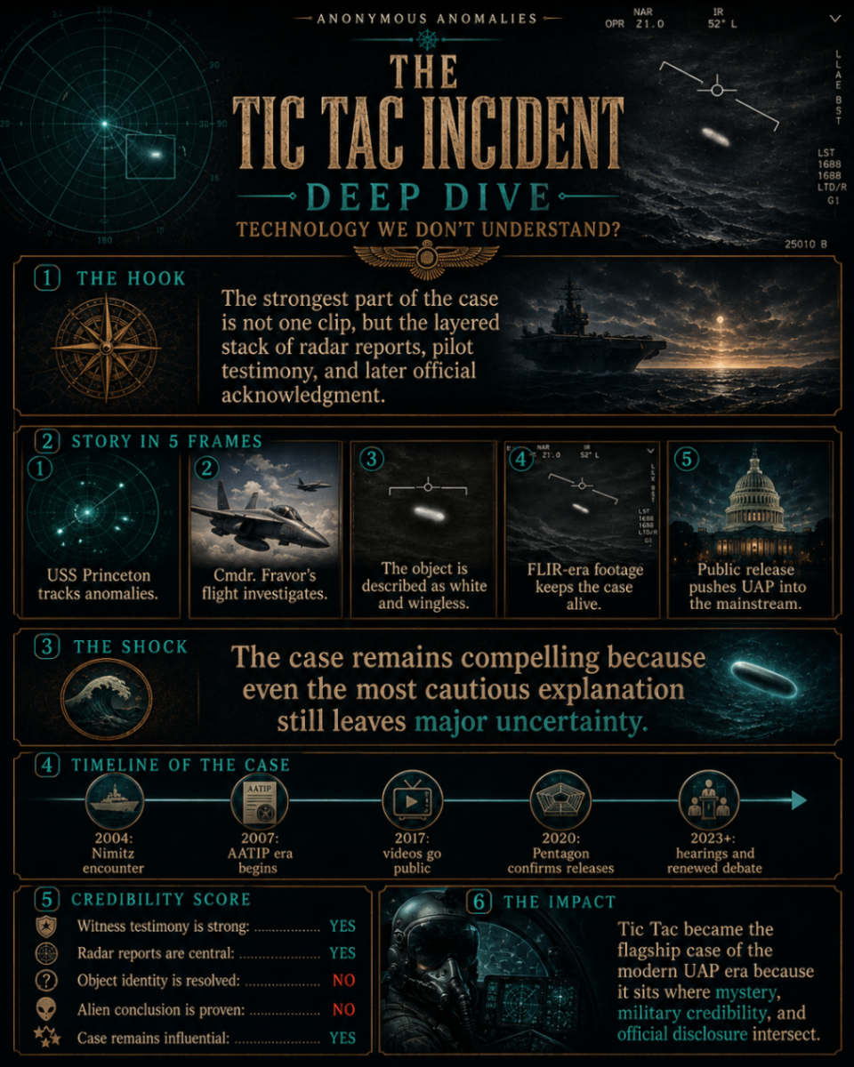 Tic Tac deep dive infographic about the Nimitz case timeline, evidence stack, and unresolved questions.