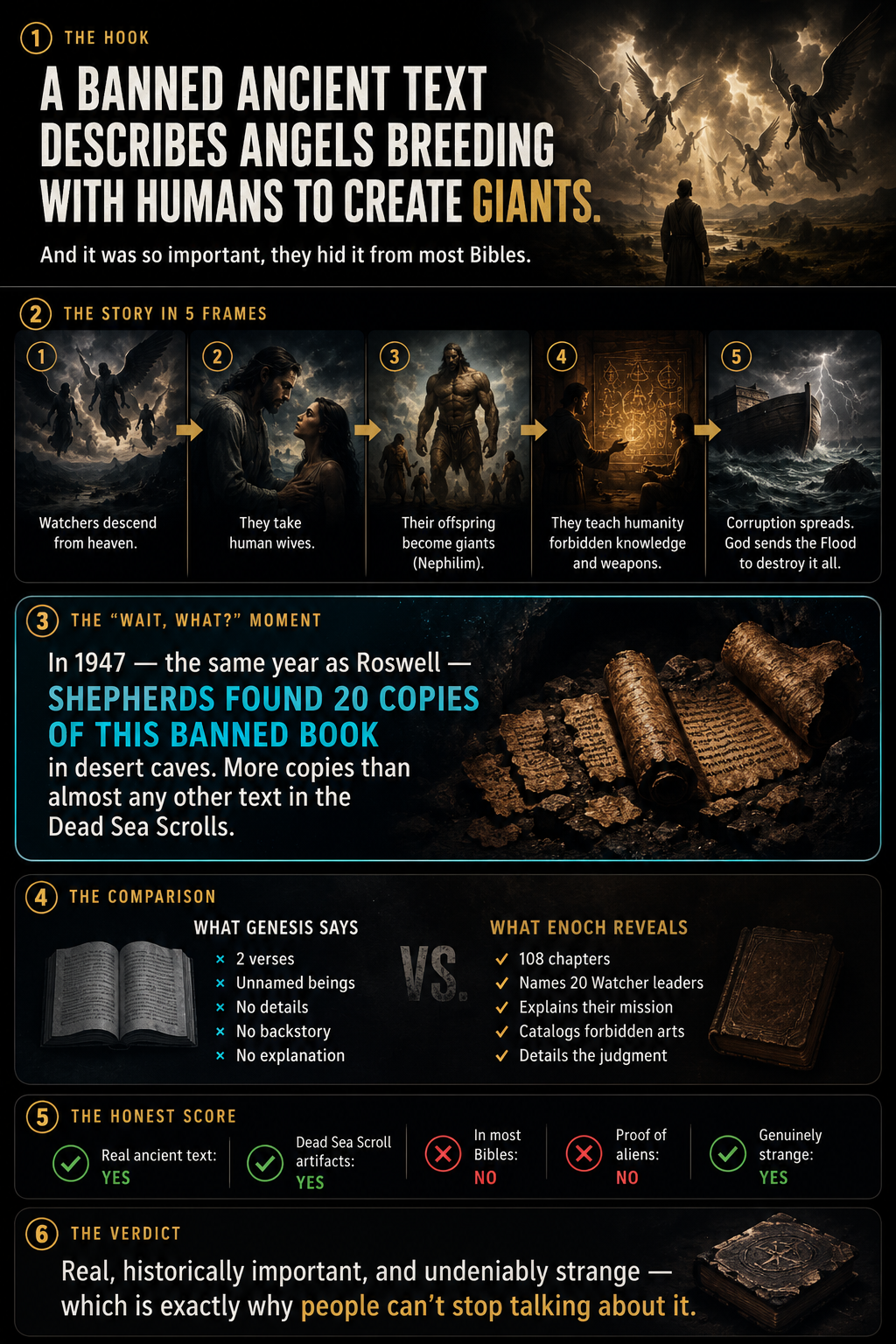 Visual story: Book of Enoch — Watchers descend, take human wives, create Nephilim giants, teach forbidden knowledge, and the Flood follows.